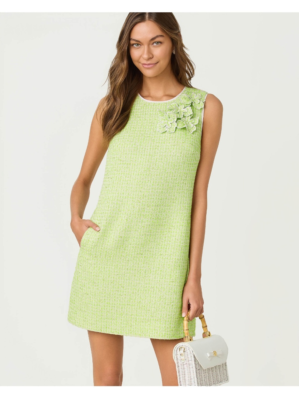 Lilly Pulitzer Lime Edita Bouclé Shift Dress with Floral Appliqué